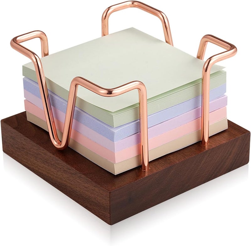 MXOAZNE Wood Sticky Note Holder, 3 x 3 inch Self-Stick Note Memo Pad Holder for Desk, Notepad Dispenser for School Office, Rose Gold - Image 1